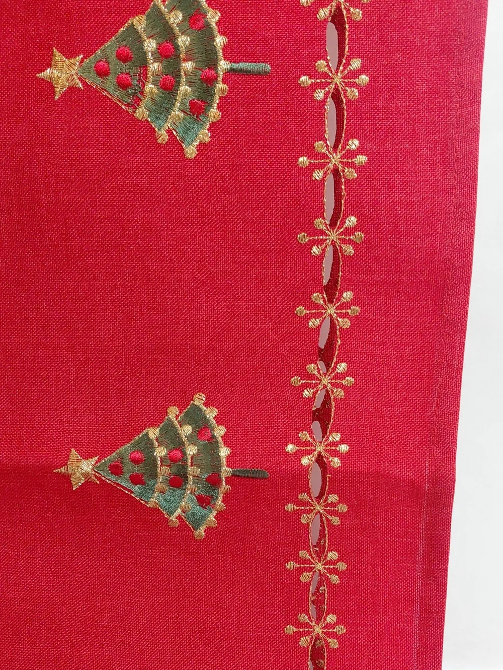 Red Embroidered Christmas Tree W/ Cutout Borders Table Runner 68